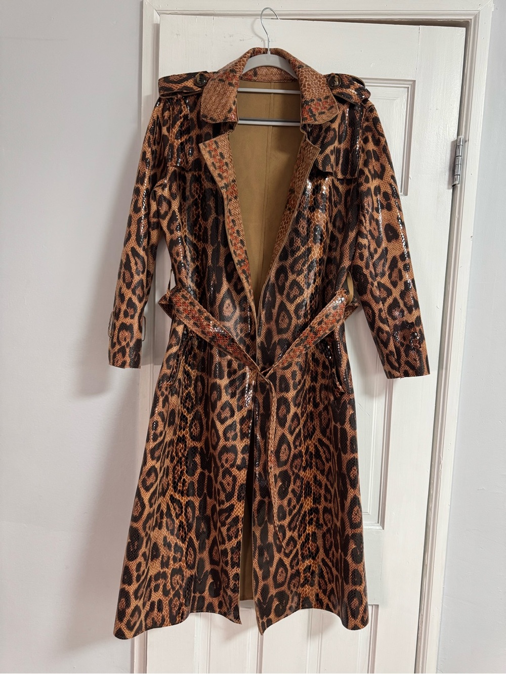 Leopard Snake Print Glossy Belted Trench Coat Size S Y2K Statement